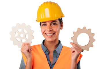woman with helmet join pieces of gears as concept of partnership and integration
