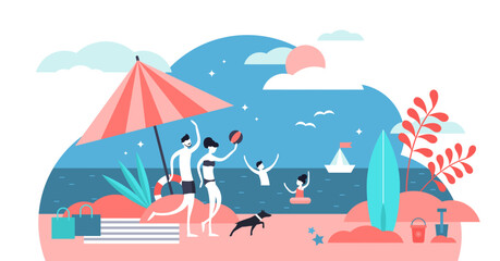 Family at beach illustration, transparent background.Flat tiny summer relax person concept.Travel vacation together with parents, kids and pets.