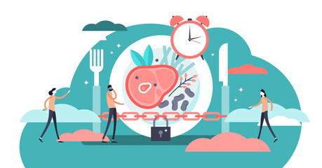 Fasting illustration, transparent background. Flat tiny metabolism diet time person concept. Modern and healthy method for weight loss and positive effect.