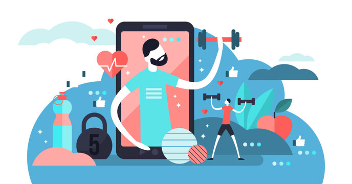 Fitness app illustration, transparent background.Flat tiny virtual sports person concept.Healthy weight exercise without gym.Training with modern mobile technology.