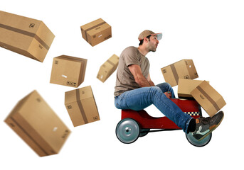 Courier drive fast with a toy car as express and rapid delivery