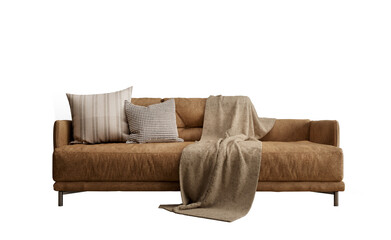 Brown leather sofa with pillow - obrazy, fototapety, plakaty