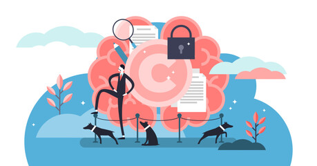 Intellectual property illustration, transparent background. Flat tiny author persons concept. Idea legal owner information protection with trademark and copyright. Data license trade.