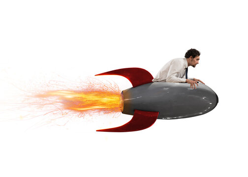 businessman flies fast by a power rocket as determination and competition concept