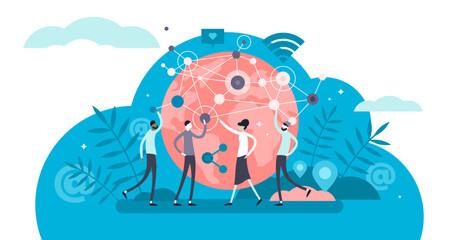 Networking business relations tiny persons concept illustration, transparent background. Cyberspace online global communication, teamwork and cooperation. - obrazy, fototapety, plakaty