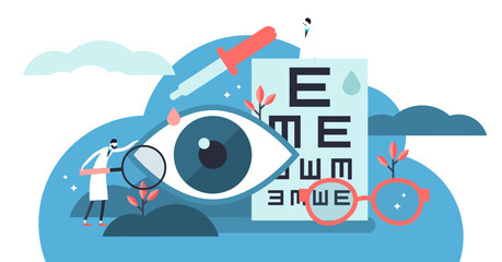 Ophthalmology illustration, transparent background. Flat tiny eyes health persons concept. Abstract lens view examination checkup. Patient myopia and foresight focus correction treatment.