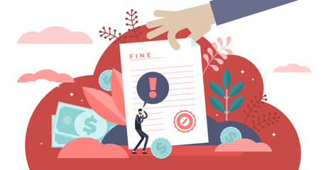 Pay fine illustration, transparent background. Flat tiny punishment document persons concept. Municipal tax or parking fee as penalty from authority. Financial police charge bill for speeding.