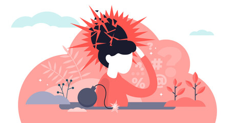 Psychological trauma concept, flat tiny person illustration, transparent background. Mental breakdown and personal burnout. Woman head exploding under anxiety pressure. - obrazy, fototapety, plakaty