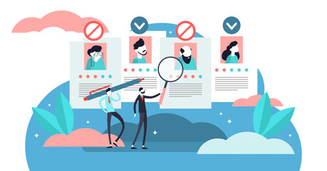 Recruitment ageism illustration, transparent background. Tiny old persons segregation concept. Unfair economical employment problem with seniors career rejection.