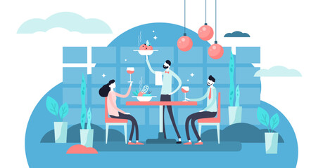 Fototapeta na wymiar Restaurant illustration, transparent background. Flat tiny food eating scene persons concept. Luxury supper and dinner evening with french or italian eatery. Cuisine cafeteria customers.