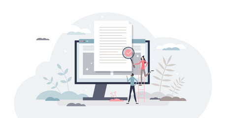 Reviewing paperwork and checking for mistakes or errors tiny person concept, transparent background. Agreement audit, legal analysis and project contract inspection illustration.