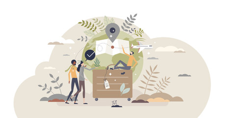 Sustainable tourism with ecological responsible travel tiny person concept, transparent background. Environmental friendly transportation choice for holidays and vacation illustration.