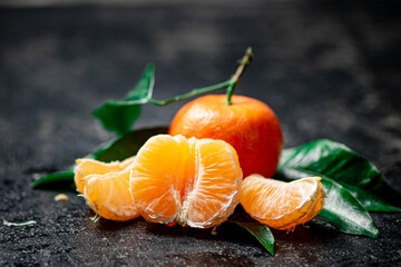 Ripe tangerines with foliage. On a black background.