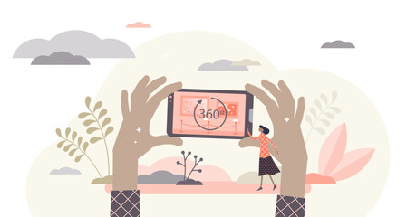 Virtual tour illustration, transparent background.360 round symbol flat tiny person concept.Panorama circle sign for digital museum and business places.
