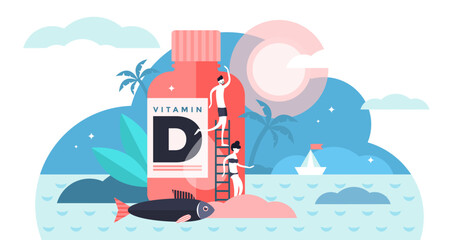Vitamin D illustration, transparent background. Flat tiny source collection persons concept. Healthy fatty fish, medicine and sunbathing usage for deficiency reduction.