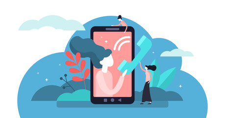 Call illustration, transparent background.Flat tiny cellphone communication persons concept.Modern technology for voice message, and conversation service.