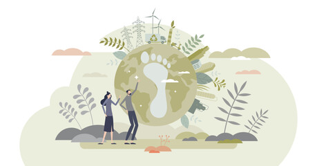 Carbon footprint effect as nature CO2 emission problem tiny person concept, transparent background. Alternative energy as solution for greenhouse gases and urban air pollution illustration.