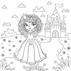 Page of coloring book with a girl and a princess on a background of a magic castle. Design for kids. Vector illustration in a cartoon style. - 563941566