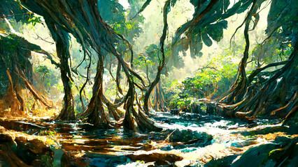 forest Mayan style tree and stream illustration art Generative AI Content by Midjourney