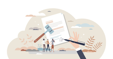 Employment law agreement and labor legislation document tiny person concept, transparent background. Employer or employee legal protection from lawsuits and authority illustration.