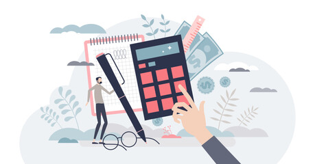 Estimation and financial calculation for budget planning tiny person concept, transparent background. Accounting and money audit for annual tax percentage reports illustration.