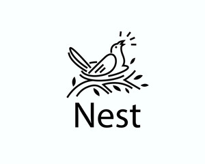 Fototapeta na wymiar line art bird singing in nest logo icon symbol design template illustration