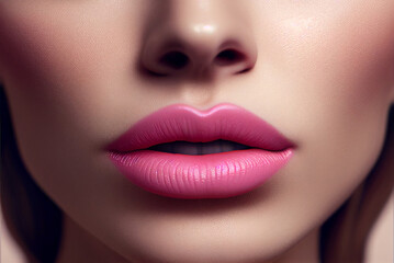 Obraz premium Close up of lips with pastel pink lipstick. Beautiful woman face natural make up, fashion. AI generative