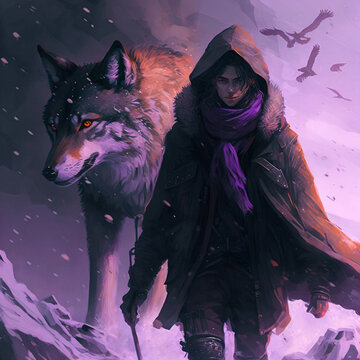 A man descending in a snowstorm with a companion wolf