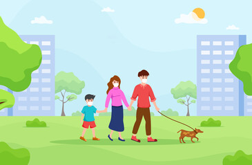 Father,Mother and son taking a walk together,with little dog in a park