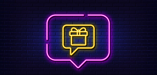Neon light speech bubble. Dreaming of Gift line icon. Present box sign. Birthday Shopping symbol. Package in Gift Wrap. Neon light background. Wish list glow line. Brick wall banner. Vector