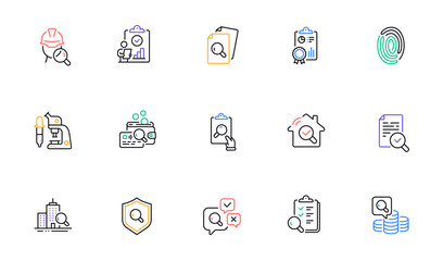 Inspection line icons. Quality research, Testing and Safety check icons. Microscope analysis, quality control and house verification. Inspect risk, safety research and fingerprint check. Vector