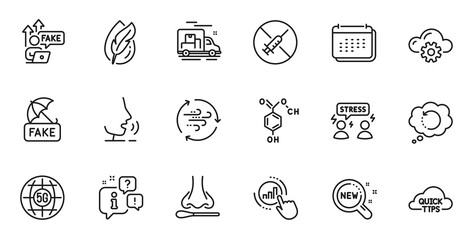 Outline set of Nasal test, No vaccine and Chemical formula line icons for web application. Talk, information, delivery truck outline icon. Vector