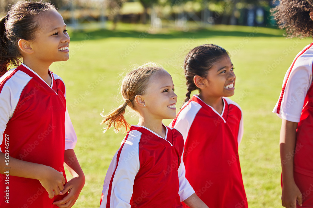 Poster Girl, soccer group and field with smile, team building or solidarity at sport training, strategy or motivation. Female kids, sports planning and diversity with teamwork, friends and focus in football