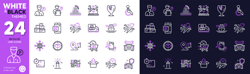 Send box, Flights application and Fragile package line icons for website, printing. Collection of Journey, Search flight, Lighthouse icons. Car, Disability, Roller coaster web elements. Vector