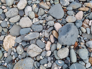 water-sharpened stones on the bank of a mountain river. natural building material for landscape design in the park.