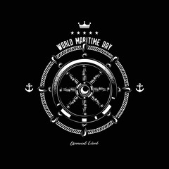 Original monochrome vector emblem of a ship steering wheel in vintage style.