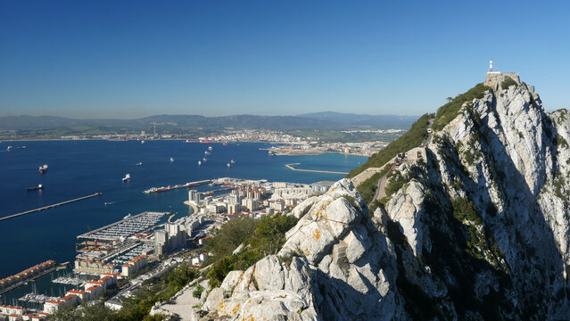 the Rock of Gibraltar with La Linea and Algeciras in the background.  Looking down from above