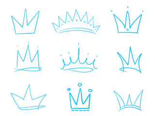 Set of colored crowns on isolated white. Signs for design. Hand drawn simple objects. Line art. Colorful illustration. Sketchy elements for posters and flyers