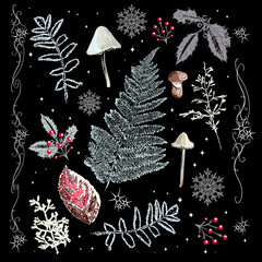 Väterchen Frost, Pilze, Farn, Ilex und Blätter. Handgezeichnete Vektor Design Elemente. Frostiger Winter mit Schneeflocken und Sternen.