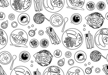 European food seamless pattern top view plates dishes table black and white