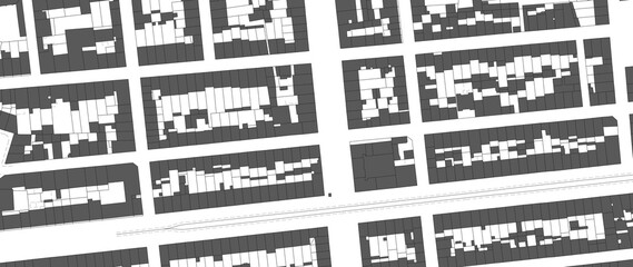 Urbanisme et territoire - plan cadastral avec limites de parcelles et bâtiments du centre ville d'une métropole