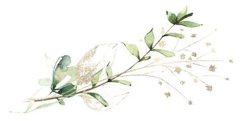 Greenery arrangement watercolor painted. Bouquet with branches, green leaves and golden line ans dust elements. Cut out hand drawn PNG illustration on transparent background. Isolated clipart.