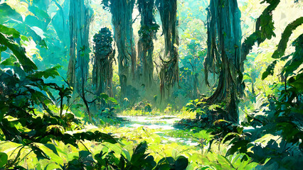Forest Mayan style trees scene illustration art Generative AI Content by Midjourney