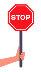 Hand holds red stop road sign cartoon flat vector illustration
