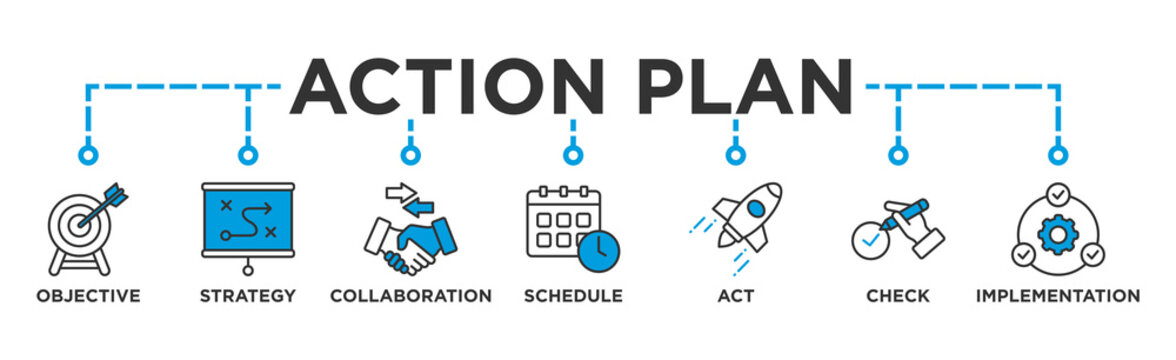 Action plan banner web icon vector illustration concept with icon of objective, strategy, collaboration, schedule, act, launch, check, and implementation