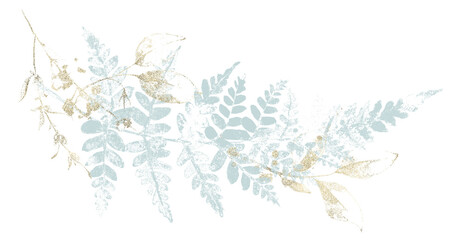 Fototapeta na wymiar Blue fern twig and leaves in sramp technique style. Golden sparkle dust style splashes. Floral arrangement. Cut out hand drawn PNG illustration on transparent background. Watercolour isolated clipart.