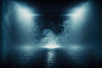 A dark empty street, dark blue background, an empty dark scene, neon light, spotlights The asphalt floor and studio room with smoke float up the interior texture. night view