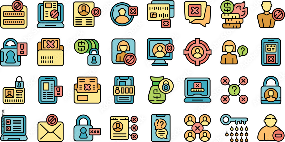 Poster account blocking icons set outline vector. delete ban. block atm color line flat isolated on white