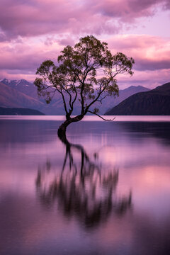 The Wanaka Tree silhouetted against a purple sunrise and reflected in mirror calm water as dawn breaks over Lake Wananka in the South Island of New Zealand with snow capped mountains in the distance