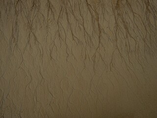 Top down close up macro of braided intertwined meandering water stream flow on sand beach in Abel Tasman National Park